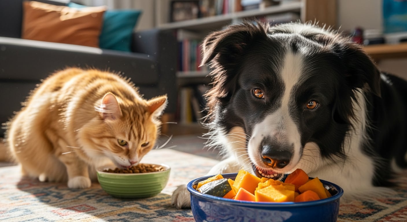 Un perro y un gato comen de sus respectivos cuencos. (Imagen Ilustrativa Infobae)