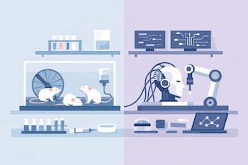 Ilustración dividida: ratones en un laboratorio con material científico a la izquierda; cabeza robótica con brazo y pantallas de circuitos a la derecha.