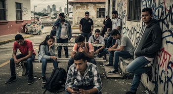 Grupo de jóvenes sentados y de pie en una calle urbana. Al fondo, un carro de venta ambulante y edificios de la ciudad.