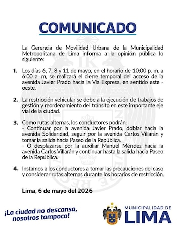 Solo se afecta la circulación en dirección este-oeste; los conductores deben seguir las rutas alternas dispuestas por la autoridad - Créditos: Municipalidad de Lima.