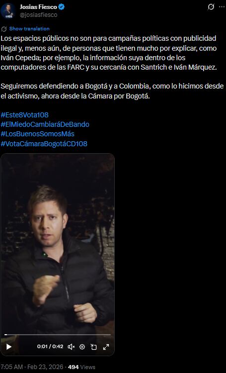 Josias Fiesco rechazó mensajes de apoyo a Iván Cepeda en muros - crédito @josiasfiesco/X