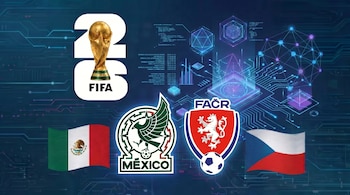 Bandera de México, escudo de la Federación Mexicana de Fútbol, trofeo Copa Mundial FIFA 2026, escudo de la Federación Checa de Fútbol y bandera checa sobre fondo tecnológico con gráficos y texto.