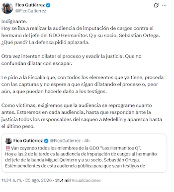 El alcalde de Medellín, Federico Gutiérrez, expresó su rechazo a la decisión. En ese sentido, señaló que la defensa del hermano de Daniel Quintero, a su juicio, busca dilatar el proceso - crédito @FicoGutierrez/X