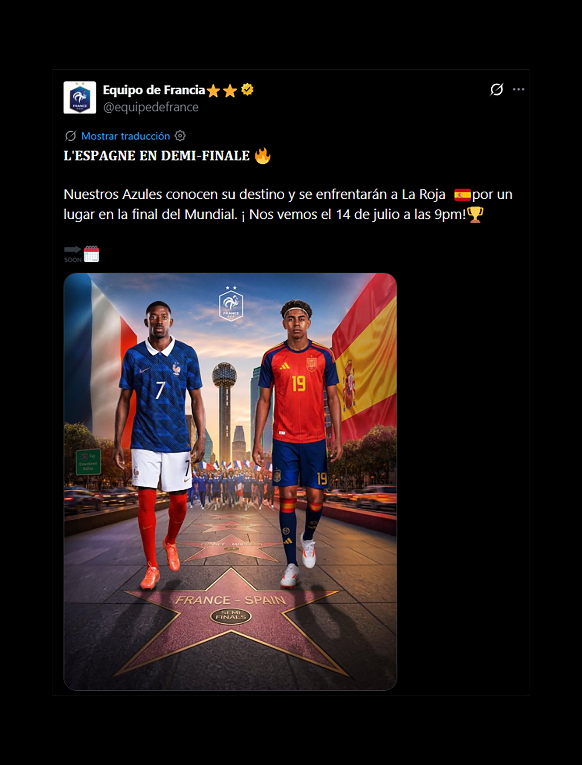 El posteo de Francia en la previa a la semifinal frente a España en el Mundial (@equipedefrance)