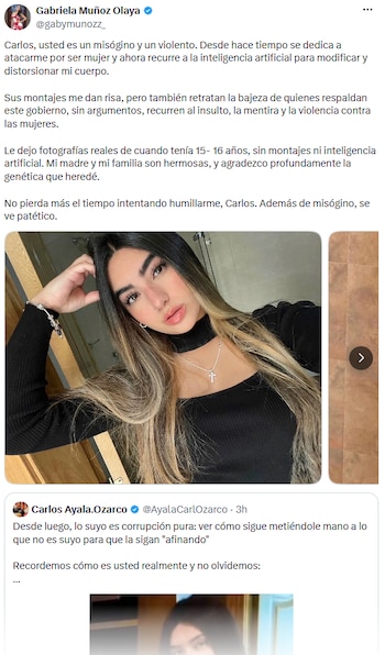 Gabriela Muñoz responde a los ataques de Carlos Ayala Ozarco y lo acusa de misoginia y violencia - crédito @gabymunozz_/X