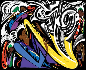 Ilustración de músicos que tocan un saxofón amarillo, un contrabajo y otros instrumentos sobre un fondo con patrones en blanco, negro y colores