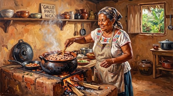 Pintura al óleo de una mujer con delantal que mezcla arroz y frijoles en una olla grande colocada sobre un fogón de leña.