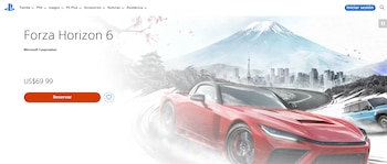 Captura de pantalla de la interfaz de la tienda de PlayStation con el título Forza Horizon 6, un precio de 69,99 dólares y un automóvil rojo
