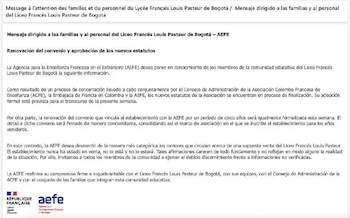 Comunicado AEFE Liceo Francés de Bogotá - crédito Captura de Pantalla X/Caracol Radio