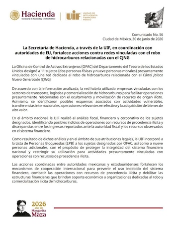 La UIF coordina con autoridades estadounidenses medidas para frenar una estructura dedicada al huachicol, después de que la OFAC del Departamento del Tesoro señalara a 11 sujetos por su presunta relación con esa operación.