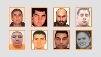 Ocho retratos individuales con recuadros naranjas sobre fondo gris - VisualesIA ScribNews