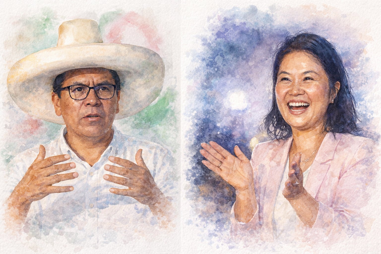 La imagen presenta retratos en acuarela de Pedro Castillo, usando sombrero y gesticulando, junto a Keiko Fujimori, sonriendo y aplaudiendo, capturando la esencia de dos figuras políticas peruanas destacadas. (Imagen Ilustrativa Infobae)