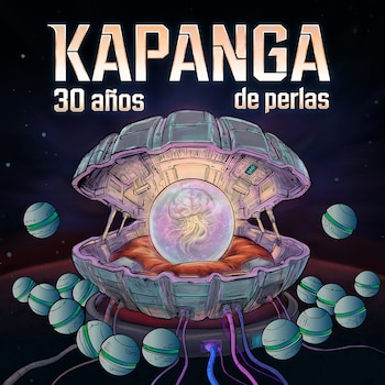 Ilustración de una ostra metálica abierta con una esfera luminosa en el centro y esferas mecánicas alrededor sobre un fondo oscuro con texto