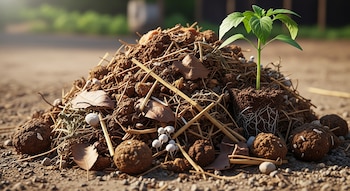 Montículo de tierra, paja, hojas secas, rocas. Un plantín verde con raíces visibles en el centro. Esferas de tierra y pequeños hongos blancos.