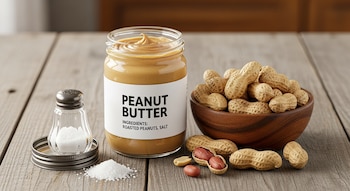 Un frasco de mantequilla de maní, un cuenco con cacahuetes, un salero y sal suelta sobre una mesa de madera rústica.