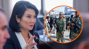 Keiko Fujimori en una presentación con micrófono y mano levantada. Una imagen circular adjunta muestra dos militares con uniforme camuflado y armas en la calle.