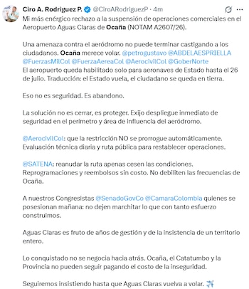 Ciro Rodríguez rechazó el cierre de las operaciones comerciales y pidió reforzar la seguridad para restablecer los vuelos cuanto antes. - crédito @CiroARodriguezP/X