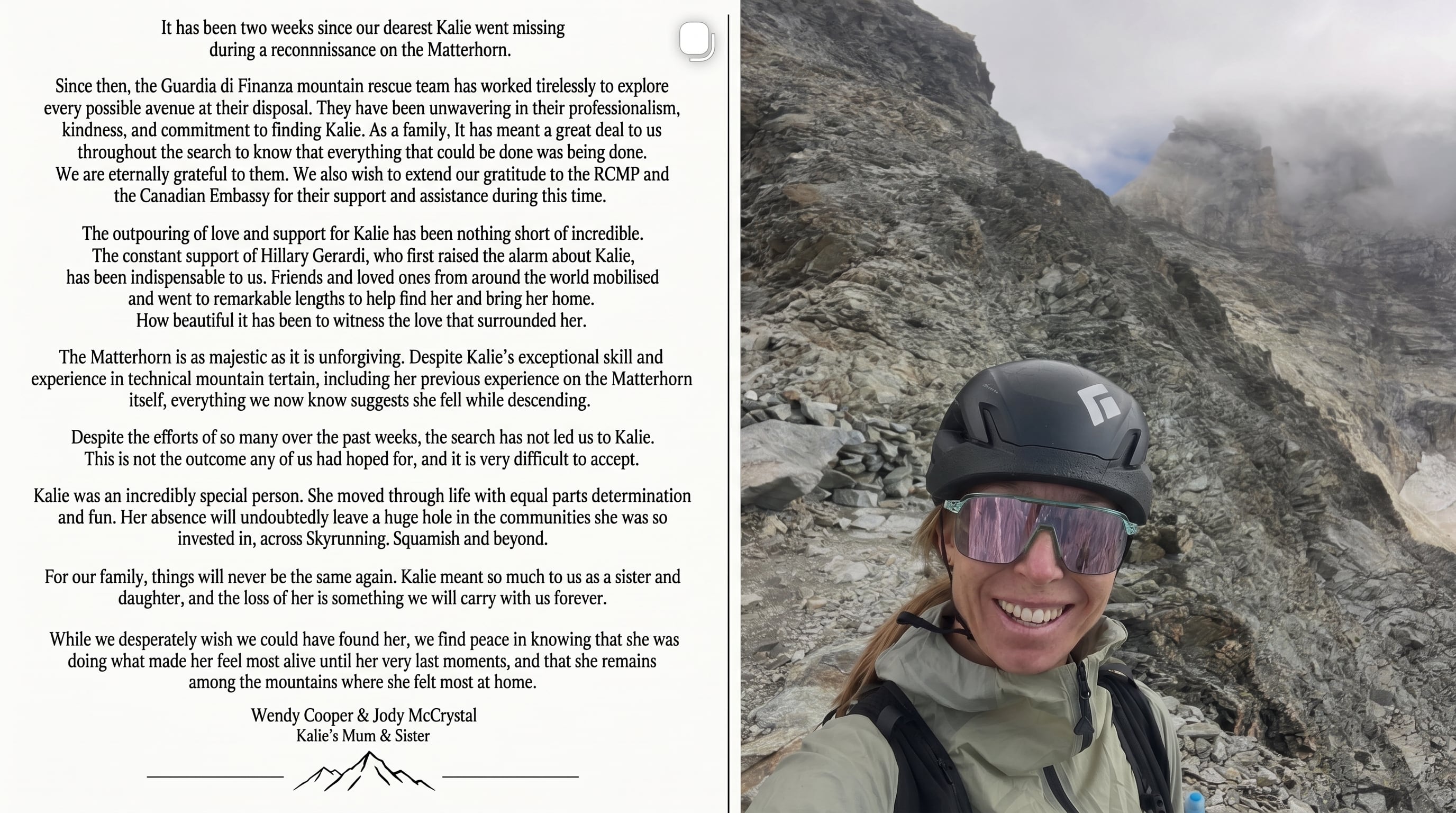 La familia de la alpinista canadiense emitió un comunicado tras las labores de búsqueda realizadas en el monte Cervino.