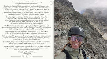 Un texto de comunicado a la izquierda y la fotografía de una mujer con casco y gafas de sol en una montaña rocosa a la derecha.