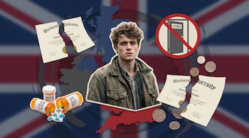 Ilustración de un joven con pelo revuelto sobre un mapa del Reino Unido. Le rodean diplomas rotos, pastillas, monedas y un letrero de 'no empleo'.