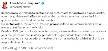 Gobernadora de Cesar condena ataque con drones y exige refuerzo militar en Pailitas - crédito @elviamilenasd/X