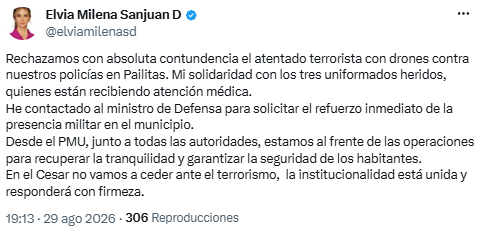 Gobernadora de Cesar condena ataque con drones y exige refuerzo militar en Pailitas - crédito @elviamilenasd/X