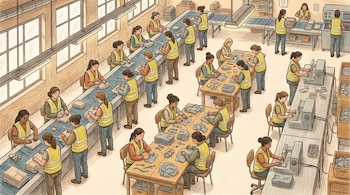 Vista aérea de una fábrica con muchas mujeres vestidas con chalecos amarillos y pantalones trabajando en una línea de montaje, mesas y máquinas.
