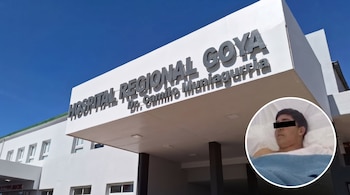 Fachada blanca del Hospital Regional Goya junto a un círculo con un joven acostado en una cama con los ojos cubiertos.