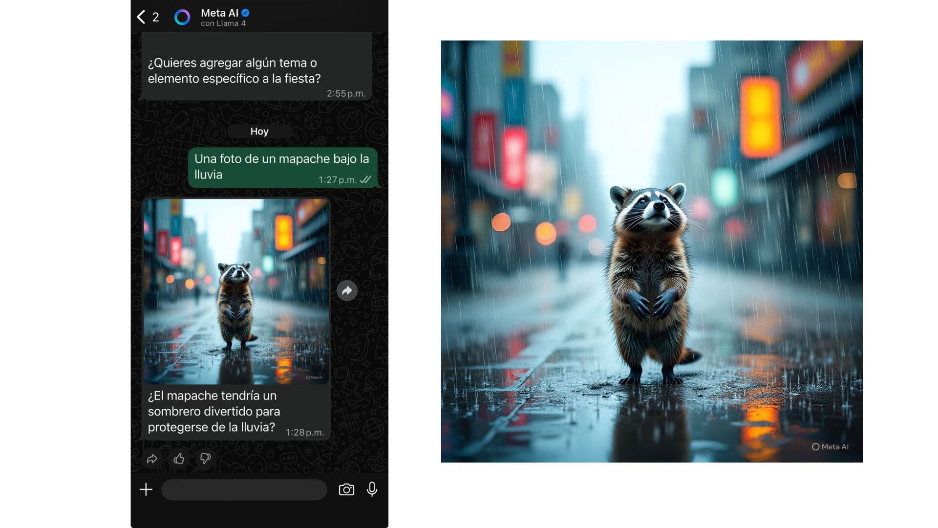Puedes escribir distintos prompts para generar imágenes de mapaches con Meta AI. (WhastsApp)