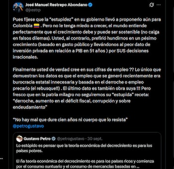 Captura de pantalla de una publicación en la red social X de José Manuel Restrepo Abondano que responde a un mensaje de Gustavo Petro