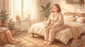 Ilustración digital de una persona plus-size con pijama sentada en el borde de una cama. La luz matutina ilumina la habitación acogedora con plantas.