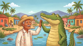 Un hombre con sombrero de paja choca la mano con un cocodrilo erguido en un pueblo junto a un río con palmeras y casas.