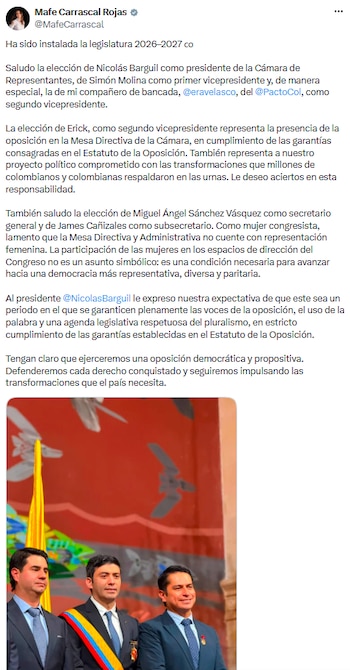Mafe Carrascal destacó presencia opositora en la Mesa Directiva y reclamó equidad de género - crédito @MafeCarrascal/X