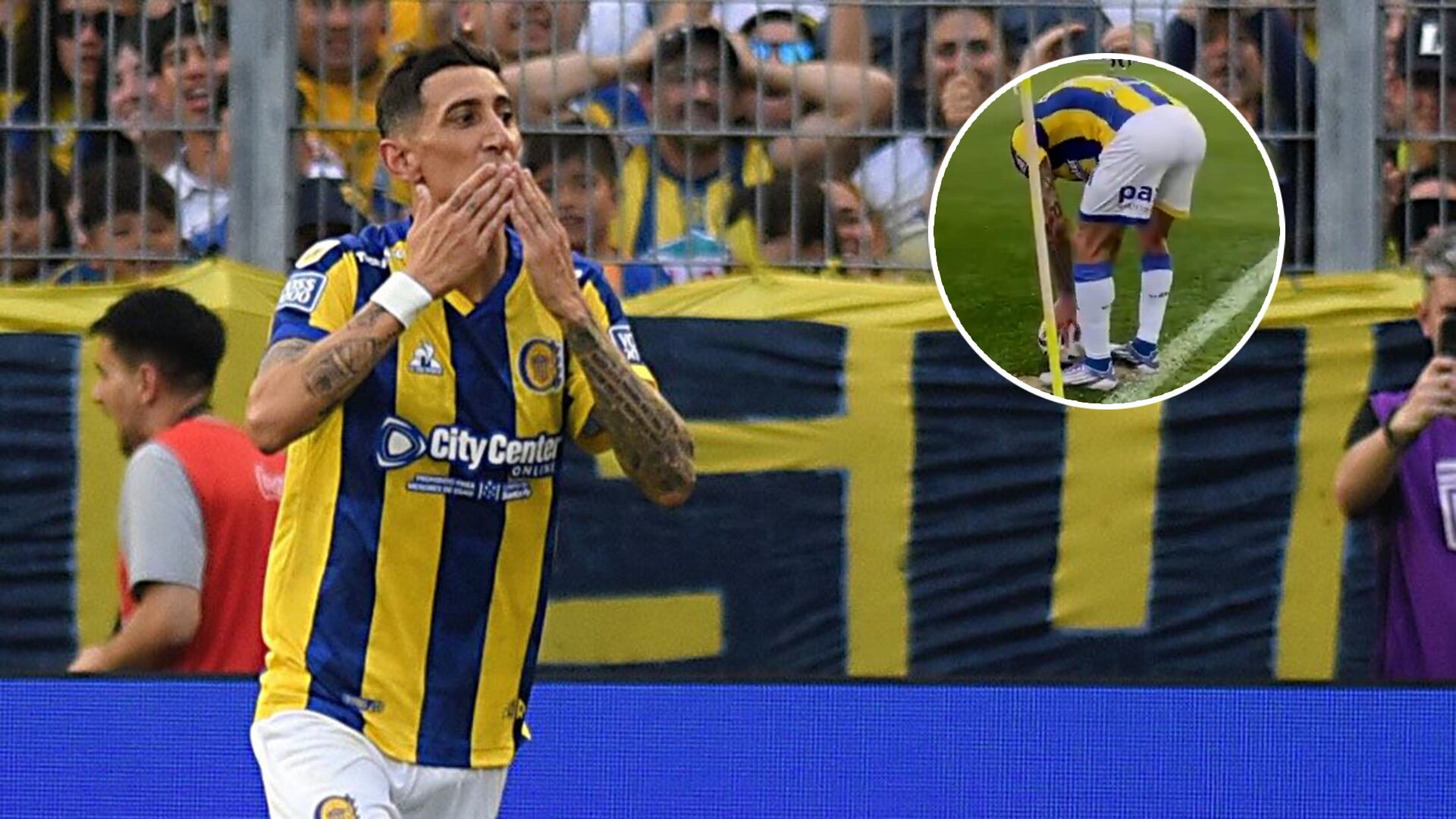 El festejo de Di María y el momento en el que colocó la pelota para el tiro de esquina (FOTOBAIRES)