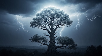 Un gran árbol de copa frondosa, iluminada por pequeñas luces blancas, bajo un cielo de tormenta gris oscuro con relámpagos y lluvia cayendo.
