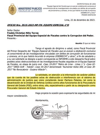 Oficio de Javier Pacheco informando