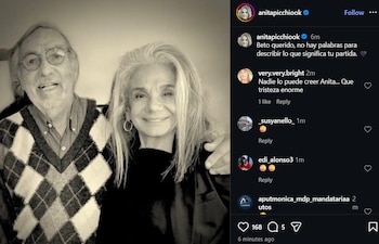 Captura de pantalla de Instagram con una foto en blanco y negro de una pareja sonriente de personas mayores y comentarios de otros usuarios