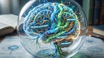 Esfera de cristal con modelo de cerebro brillante y rutas neuronales. Se lee "NEUROPLASTICIDAD" y "CRECIMIENTO". Documentos y libros en el fondo.