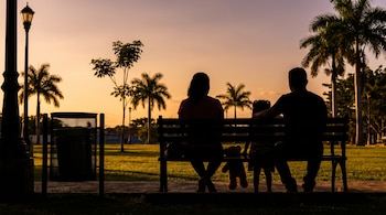Siluetas de una familia, padre, madre y un niño con peluche, sentados en un banco de un parque al atardecer, con palmeras y farola visibles.