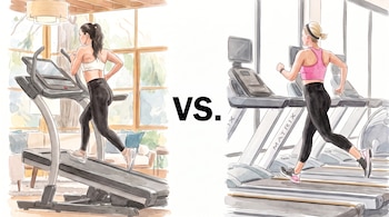 Dos mujeres corren en cintas de ejercicio, una en un hogar moderno y otra en un gimnasio, con el texto 'VS.' en el centro.