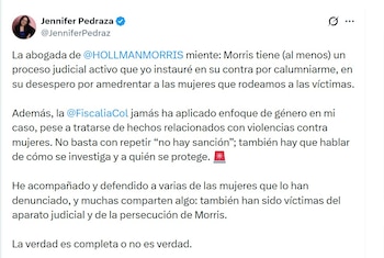 Jennifer Pedraza desafía a la defensa de Hollman Morris, al asegurar que sí hay un proceso judicial activo en su contra - crédito @JenniferPedraz/X