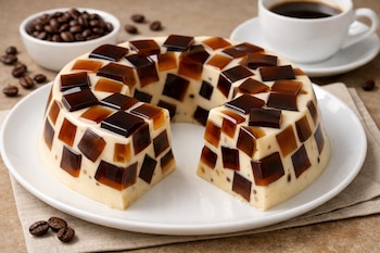 Gelatina de mosaico de café con cubos de gelatina oscura y una base clara, en un plato blanco con una porción faltante, junto a granos de café y una taza.