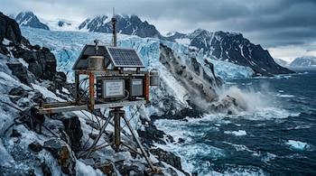 Estación con paneles solares sobre rocas nevadas frente a un desprendimiento de acantilado helado en el mar.