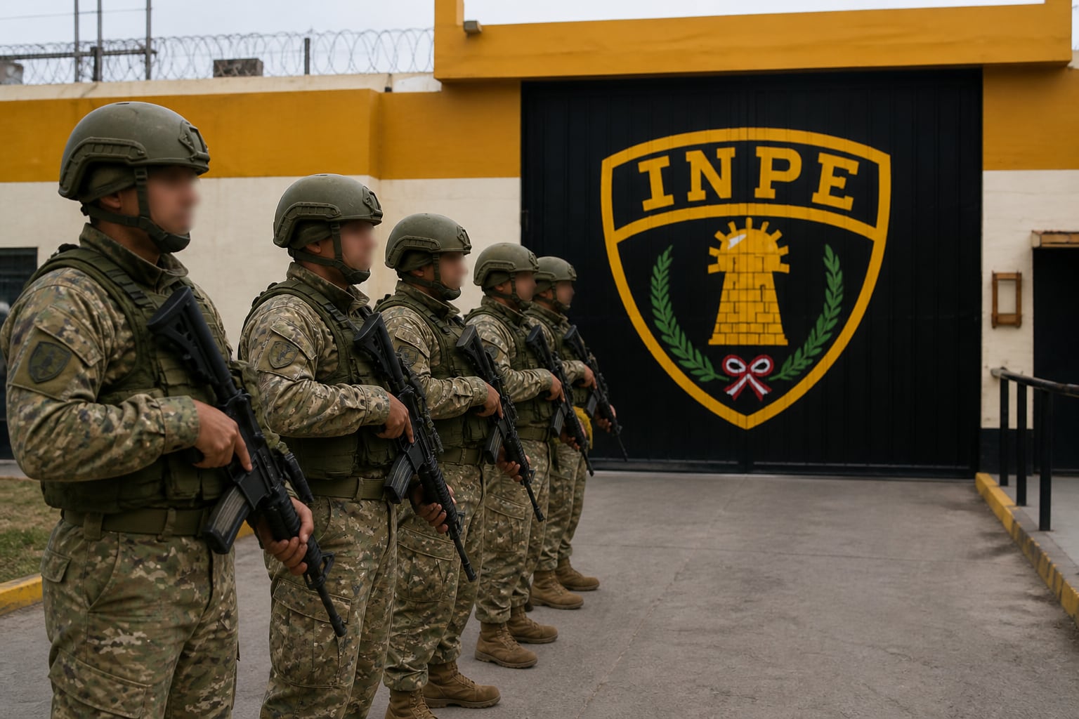 Efectivos militares con armamento realizan labores de vigilancia en la entrada principal de un penal del Instituto Nacional Penitenciario. (Imagen Ilustrativa Infobae)