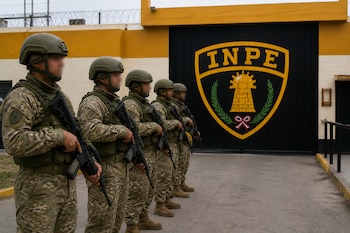 Cinco militares con uniformes de camuflaje sostienen fusiles en fila frente a un portón negro con el escudo del INPE.