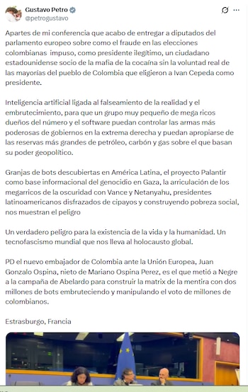 El exmandatario señaló que el verdadero ganador de los comicios fue el candidato del Pacto Histórico, Iván Cepeda - crédito @petrogustavo/X