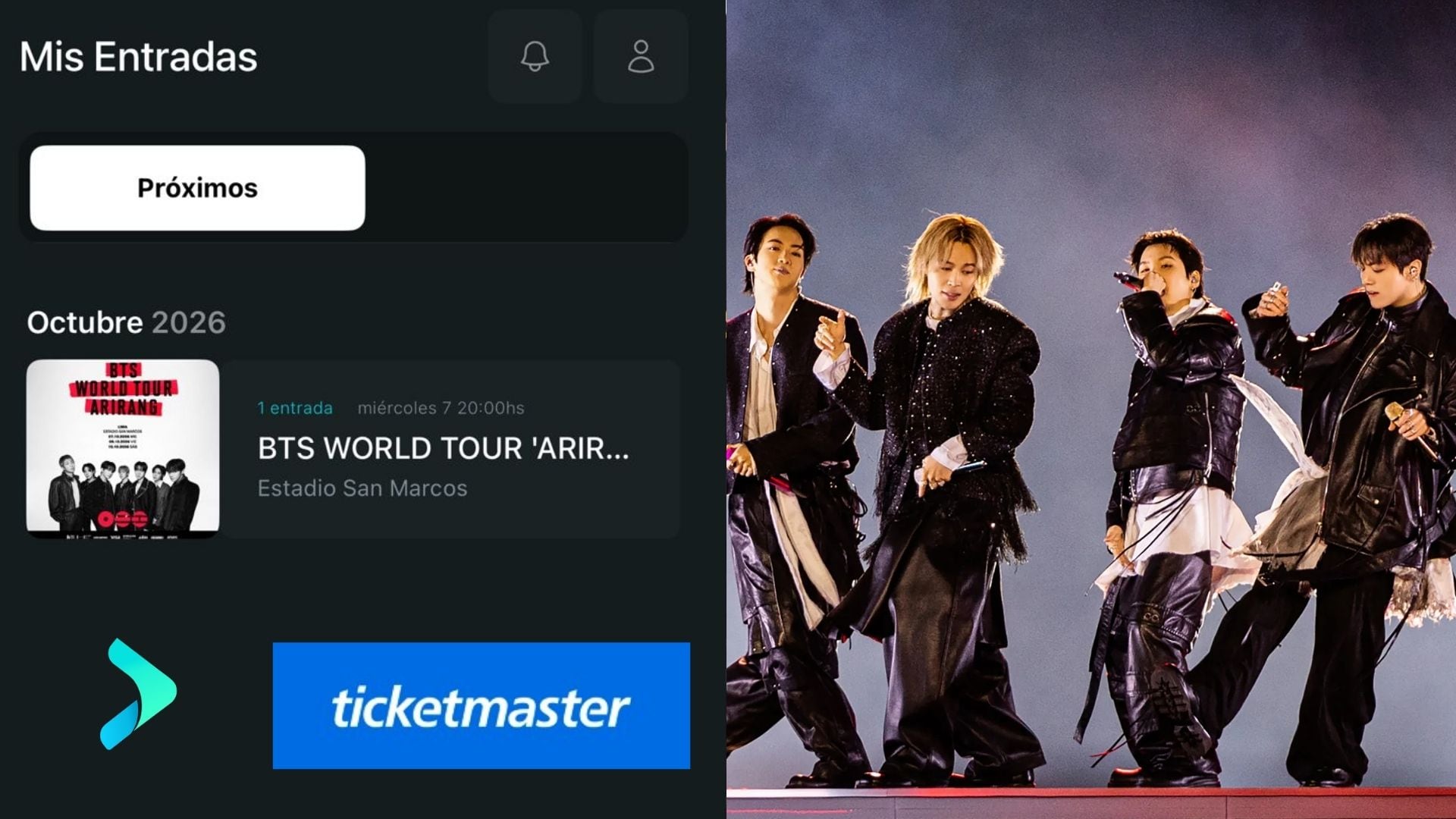 Un boleto digital para la gira Arirang World Tour de BTS en Lima aparece junto a integrantes de la agrupación sobre el escenario. (Infobae Perú)