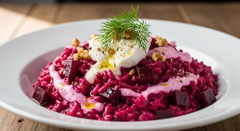 Un plato blanco contiene risotto rojo con cubos de remolacha, una porción de queso blanco, salsa rosa, nueces picadas y una ramita de eneldo. La mesa es de madera.