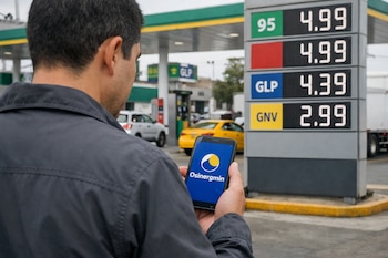 Hombre de espaldas con teléfono móvil que muestra el logo de Osinergmin frente a un poste con precios de combustible en una estación de servicio.