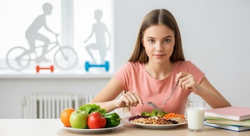 Adolescente sentada a la mesa comiendo un plato saludable con frutas, verduras, legumbres, cereales, frutos secos y un vaso de leche. Se ven libros y elementos deportivos.